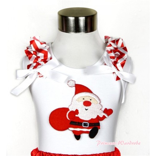 Xmas White Tank Top With Gift Bag Santa Claus Print with Red White Wave Ruffles & White Bow TB460 