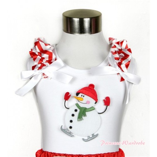 Xmas White Tank Top With Ice Skating Snowman Print with Red White Wave Ruffles & White Bow TB462 