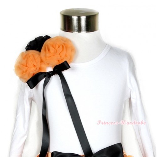 Halloween White Long Sleeve Top with Bunch of One Black Two Orange Rosettes& Black Bow TW331 