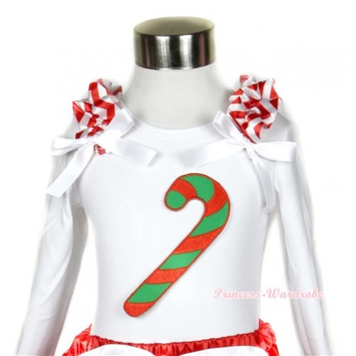 Xmas White Long Sleeves Top with Christmas Stick Print With Red White Wave Ruffles & White Bow TW339 
