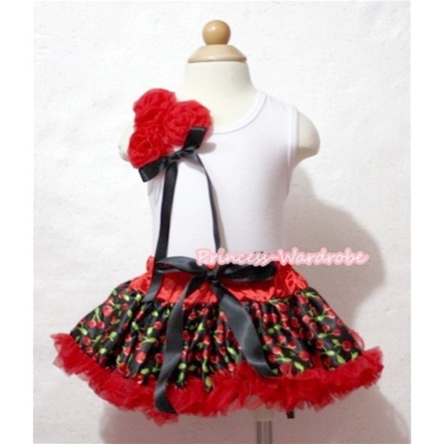 White Baby Pettitop & Bunch of Hot Red Rosettes & Black Ribbon with Red Cherry Baby Pettiskirt NG413 