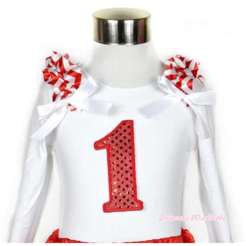 White Long Sleeves Top with 1st Sparkle Red Birthday Number Print With Red White Wave Ruffles & White Bow TW340 