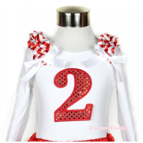 White Long Sleeves Top with 2nd Sparkle Red Birthday Number Print With Red White Wave Ruffles & White Bow TW341 
