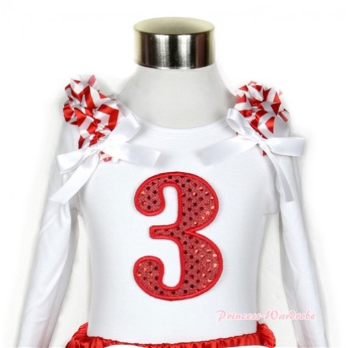 White Long Sleeves Top with 3rd Sparkle Red Birthday Number Print With Red White Wave Ruffles & White Bow TW342 