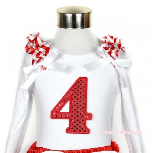 White Long Sleeves Top with 4th Sparkle Red Birthday Number Print With Red White Wave Ruffles & White Bow TW343 