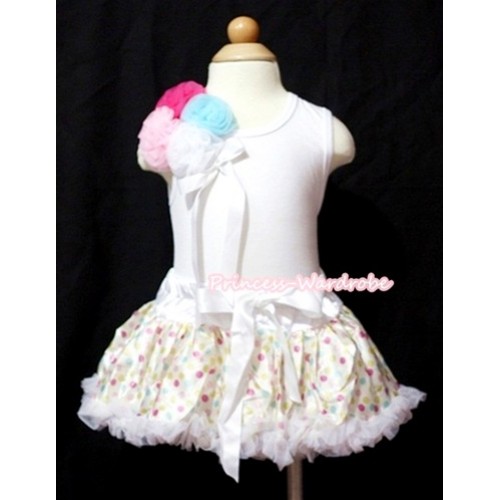 White Baby Pettitop & Bunch of Hot Pink Light Pink White Light Blue Rosettes & White Ribbon with White Rainbow Polka Dots Baby Pettiskirt NG414 