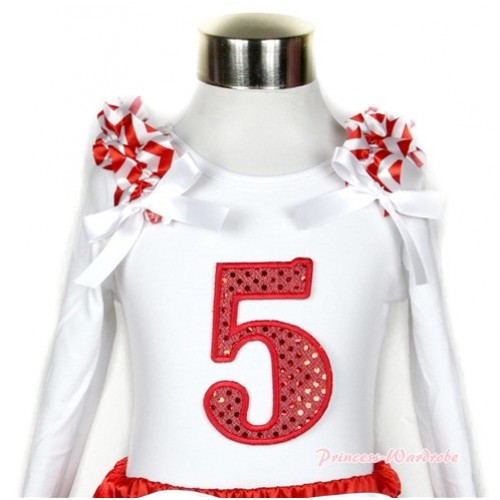 White Long Sleeves Top with 5th Sparkle Red Birthday Number Print With Red White Wave Ruffles & White Bow TW344 
