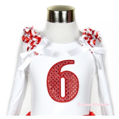 White Long Sleeves Top with 6th Sparkle Red Birthday Number Print With Red White Wave Ruffles & White Bow TW345 