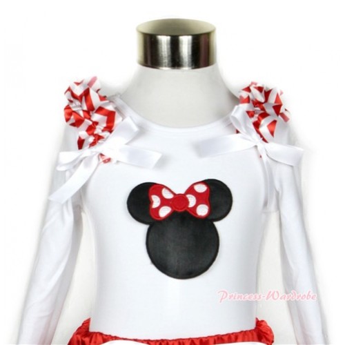 Xmas White Long Sleeves Top with Minnie Print With Red White Wave Ruffles & White Bow TW348 