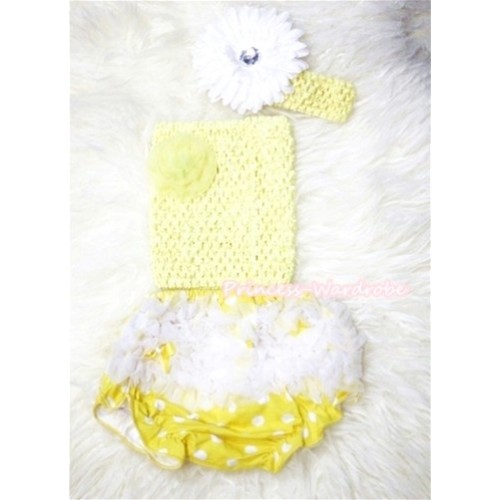 White Ruffles Yellow White Polka Dots Panties Bloomer with Yellow Rose Yellow Crochet Tube Top and White Flower Yellow Headband 3PC Set CT283 