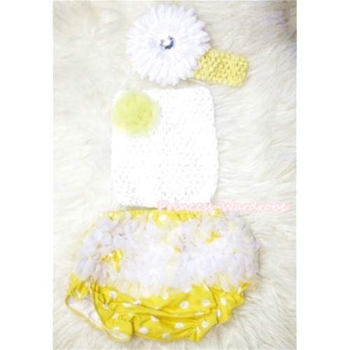 White Ruffles Yellow White Polka Dots Panties Bloomer with Yellow Rose White Crochet Tube Top and White Flower Yellow Headband 3PC Set CT284 