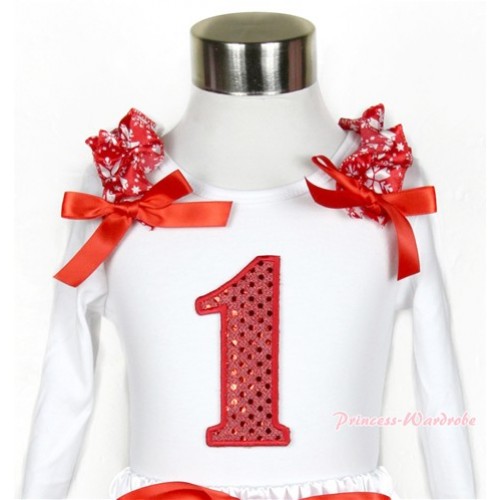 White Long Sleeves Top with 1st Sparkle Red Birthday Number Print With Red Snowflakes Ruffles & Red Bow TW362 