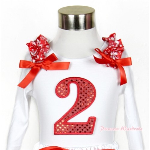 White Long Sleeves Top with 2nd Sparkle Red Birthday Number Print With Red Snowflakes Ruffles & Red Bow TW363 
