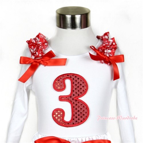 White Long Sleeves Top with 3rd Sparkle Red Birthday Number Print With Red Snowflakes Ruffles & Red Bow TW364 