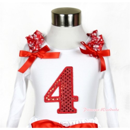 White Long Sleeves Top with 4th Sparkle Red Birthday Number Print With Red Snowflakes Ruffles & Red Bow TW365 
