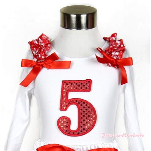 White Long Sleeves Top with 5th Sparkle Red Birthday Number Print With Red Snowflakes Ruffles & Red Bow TW366 