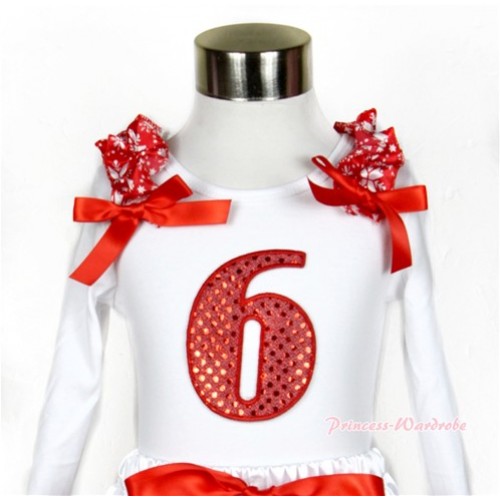 White Long Sleeves Top with 6th Sparkle Red Birthday Number Print With Red Snowflakes Ruffles & Red Bow TW367 