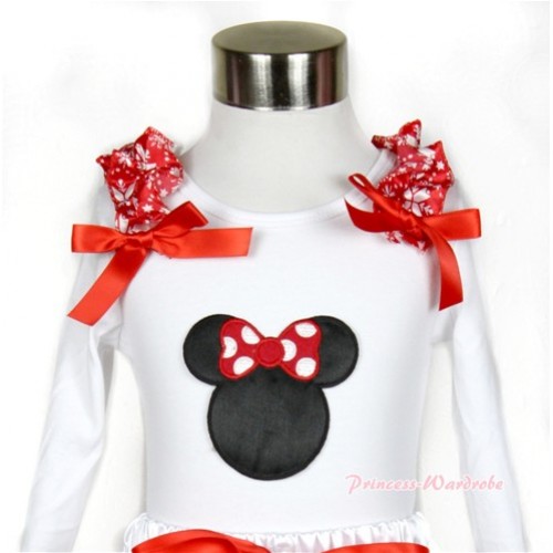 Xmas White Long Sleeves Top with Minnie Print With Red Snowflakes Ruffles & Red Bow TW372 