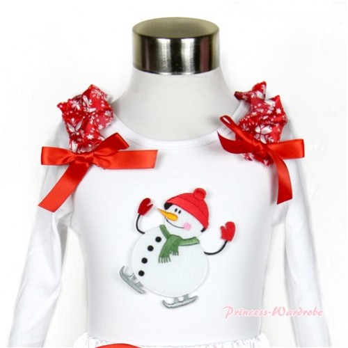 Xmas White Long Sleeves Top with Ice Skating Snowman Print With Red Snowflakes Ruffles & Red Bow TW350 
