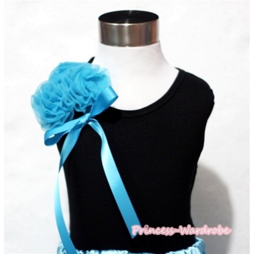 Black Tank Top with Bunch of Peacock Blue Rosettes and Bow TB201 