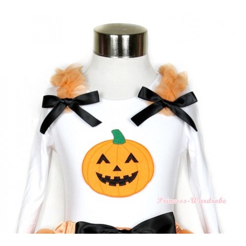 Halloween White Long Sleeves Top with Pumpkin Print With Orange Ruffles & Black Bow TW357 