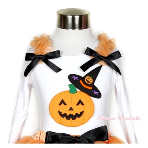 Halloween White Long Sleeves Top with Pumpkin Witch Hat & Pumpkin Print With Orange Ruffles & Black Bow TW358 