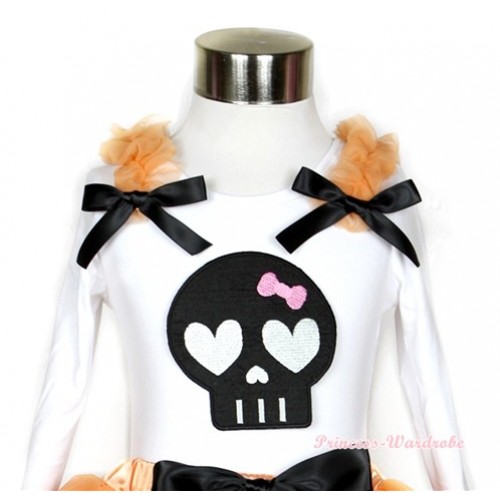 Halloween White Long Sleeves Top with Black Skeleton Print With Orange Ruffles & Black Bow TW359 