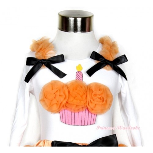 Halloween White Long Sleeves Top with Orange Rosettes Birthday Cake Print With Orange Ruffles & Black Bow TW360 