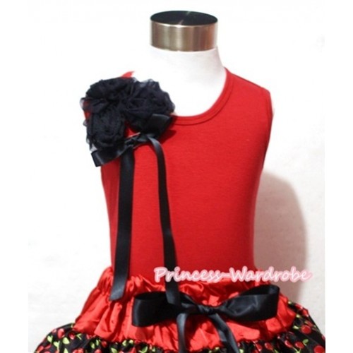 Red Tank Top with a Bunch of Black Rosettes and Bow TB241 