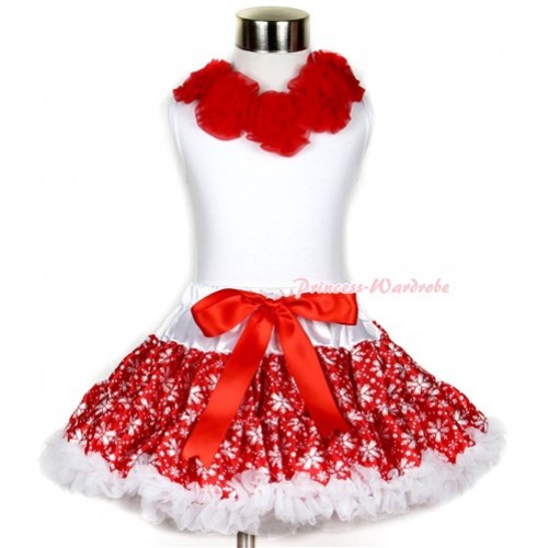 Xmas White Tank Top with Red Rosettes & Red Snowflakes Pettiskirt MG708 