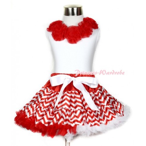 Xmas White Tank Top with Red Rosettes & Red White Wave Pettiskirt MG709 