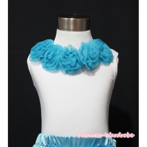 White Tank Tops with Peacock Blue Rosettes T401 