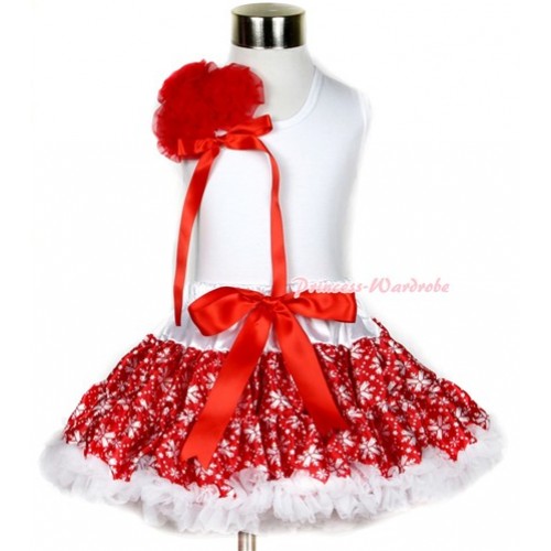 Xmas White Tank Top With a Bunch of Red Rosettes& Red Bow With Red Snowflakes Pettiskirt MG711 