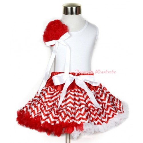 Xmas White Tank Top With a Bunch of Red Rosettes& White Bow With Red White Wave Pettiskirt MG713 