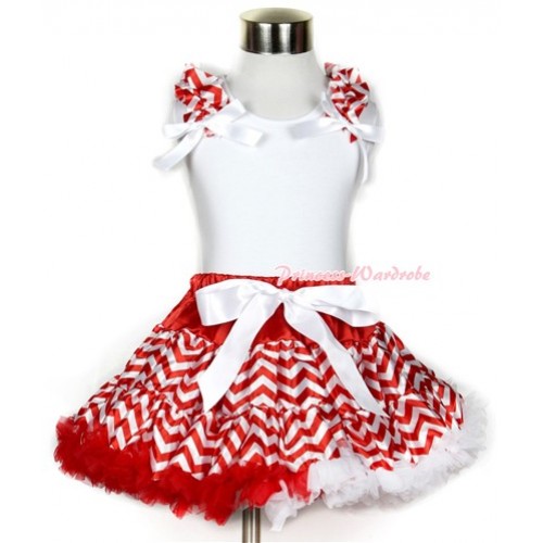 Xmas White Tank Top With Red White Wave Ruffles & White Bows With Red White Wave Pettiskirt MN109 
