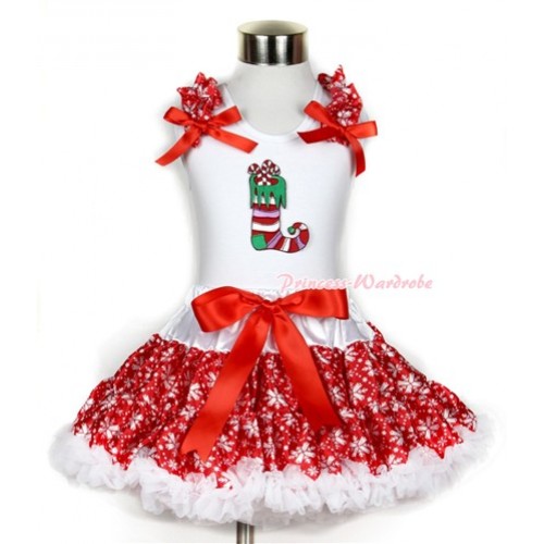 Xmas White Tank Top with Christmas Stocking Print with Red Snowflakes Ruffles & Red Bow & Red Snowflakes Pettiskirt MG715 