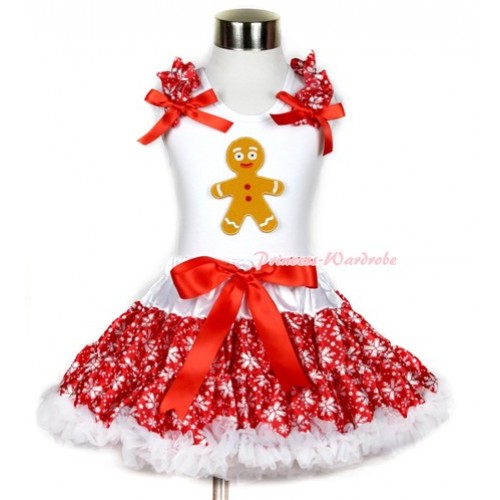 Xmas White Tank Top with Brown Gingerbread Man Print with Red Snowflakes Ruffles & Red Bow & Red Snowflakes Pettiskirt MG718 