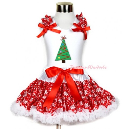 Xmas White Tank Top with Christmas Tree Print with Red Snowflakes Ruffles & Red Bow & Red Snowflakes Pettiskirt MG719 