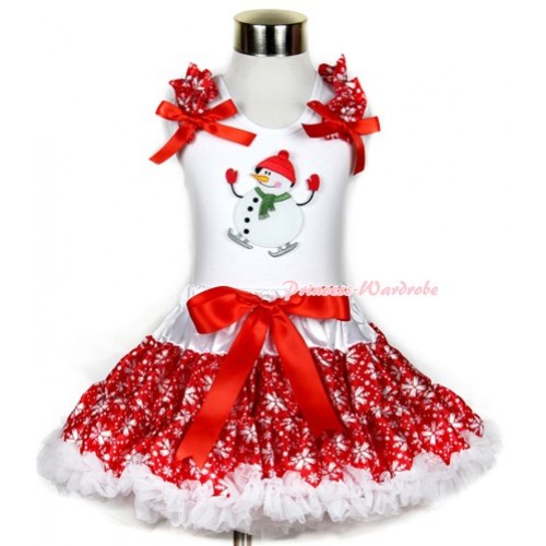 Xmas White Tank Top with Ice Skating Snowman Print with Red Snowflakes Ruffles & Red Bow & Red Snowflakes Pettiskirt MG720 