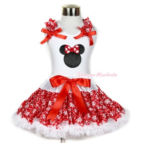 Xmas White Tank Top with Minnie Print with Red Snowflakes Ruffles & Red Bow & Red Snowflakes Pettiskirt MG722 