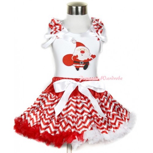 Xmas White Tank Top with Gift Bag Santa Claus Print with Red White Wave Ruffles & White Bow & Red White Wave Pettiskirt MG738 