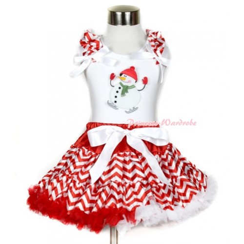 Xmas White Tank Top with Ice Skating Snowman Print with Red White Wave Ruffles & White Bow & Red White Wave Pettiskirt MG739 