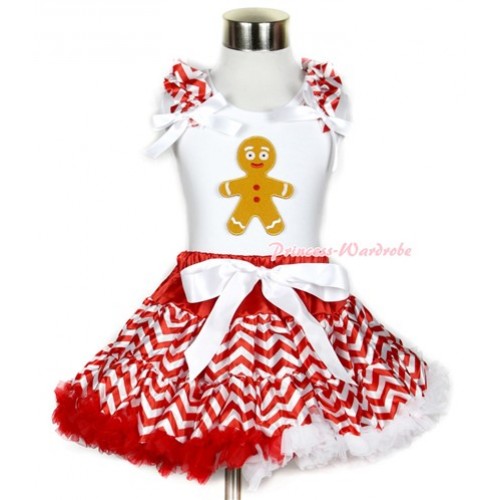 Xmas White Tank Top with Brown Gingerbread Man Print with Red White Wave Ruffles & White Bow & Red White Wave Pettiskirt MG740 