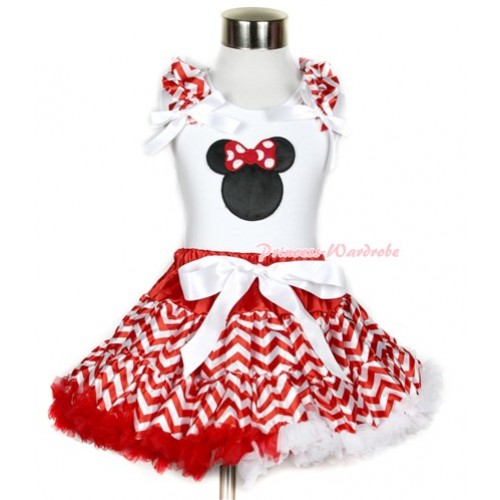 Xmas White Tank Top with Minnie Print with Red White Wave Ruffles & White Bow & Red White Wave Pettiskirt MG742 