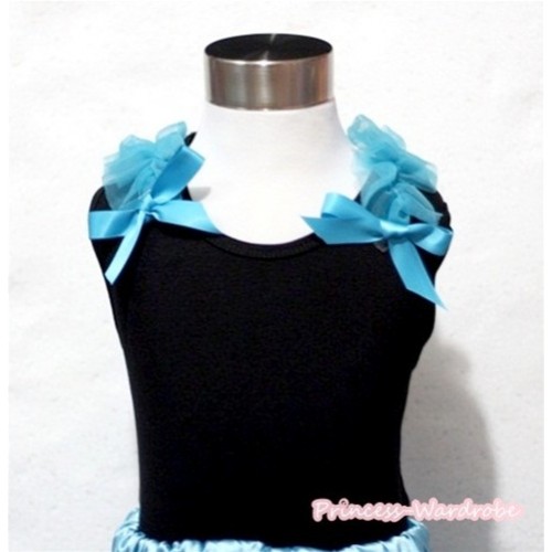 Peacock Blue Ruffles and Bow Black Tank Top T362 