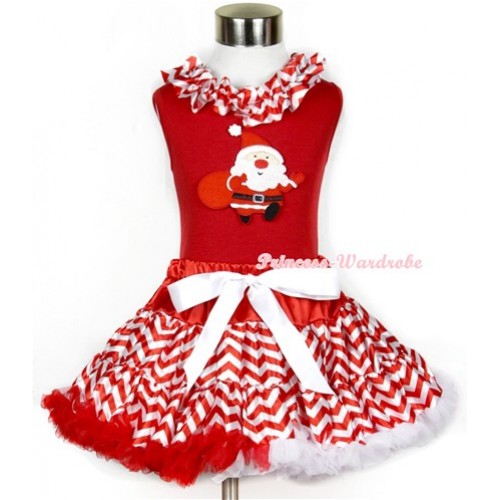 Xmas Red Tank Top with Gift Bag Santa Claus Print & Red White Wave Satin Lacing With Red White Wave Pettiskirt CM125 