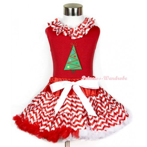 Xmas Red Tank Top with Christmas Tree Print & Red White Wave Satin Lacing With Red White Wave Pettiskirt CM127 