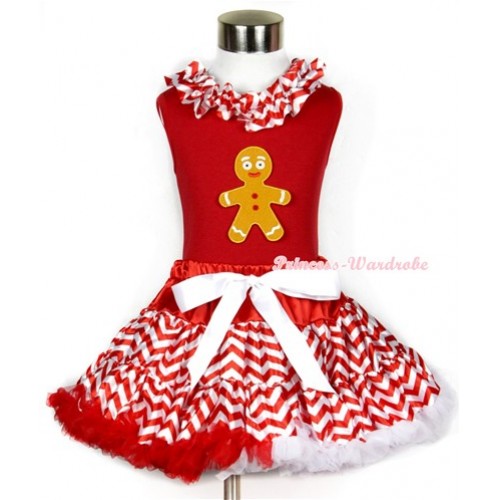 Xmas Red Tank Top with Brown Gingerbread Man Print & Red White Wave Satin Lacing With Red White Wave Pettiskirt CM128 