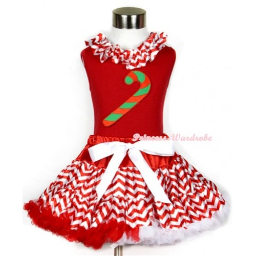 Xmas Red Tank Top with Christmas Stick Print & Red White Wave Satin Lacing With Red White Wave Pettiskirt CM130 
