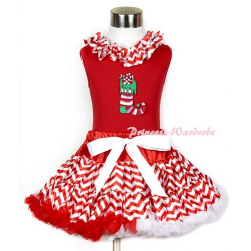Xmas Red Tank Top with Christmas Stocking Print & Red White Wave Satin Lacing With Red White Wave Pettiskirt CM131 